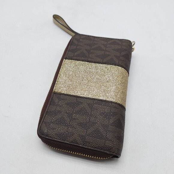 Michael Kors Brown Gold Glitter Wristlet Wallet With Zip Closure - Picture 3 of 6